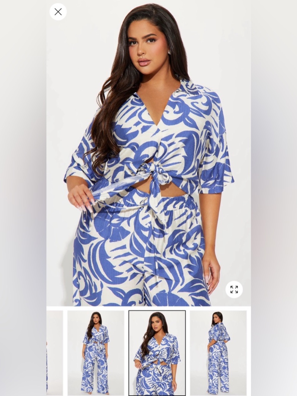 Fashion Nova Mykonos Linen Pant Set Blue & White Tropical Print Wide-Leg - 1X - Picture 2 of 4
